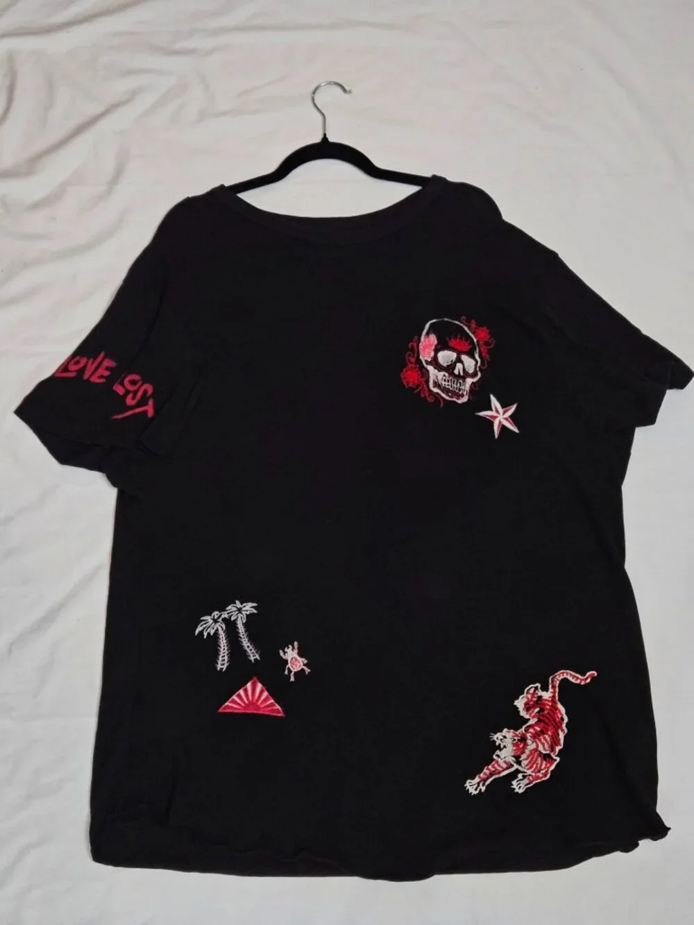 True Religion Mens 3XL Black Embroidered Shirt Skull Tiger Love Lost Graphic Tee